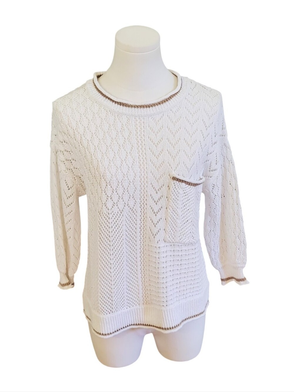 Democracy Crisp White Like New Crocheted Lace Pocketed Sweater Size Small